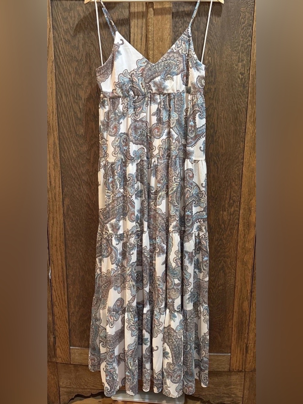 Women's Bohemian Ivory Paisley Maxi Dress with Blue and Brown Accents XS NWT